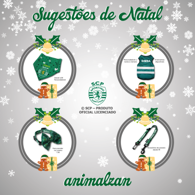 Sugestões de Natal de produtos Sporting CP para animais de cor verde e branco com personalização