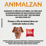 Imagem com texto sobre cães e hotel ibis, ilustração de cão castanho e logótipo ibis em fundo branco