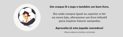 Ilustração bola de futebol com criança a ler livro e texto promocional em português