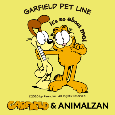 Desenho dos personagens Garfield e Odie com texto em fundo amarelo