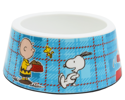 Taça para animais decorada com personagens Charlie Brown, Woodstock e Snoopy