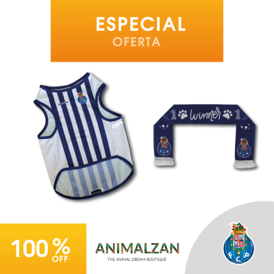 Roupa para cão às riscas azul e branca e cachecol azul do FC Porto