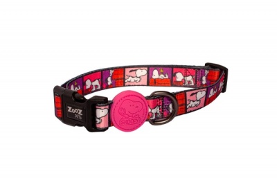 Coleira para cães rosa com padrões do Snoopy e fecho preto