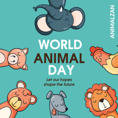 Ilustração de rostos de animais com texto sobre o Dia Mundial dos Animais