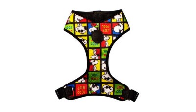 Arnês para cão colorido com padrão Snoopy e texto JOe Cool