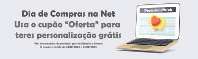 Computador portátil com texto promocional em português sobre personalização grátis e cupão Oferta