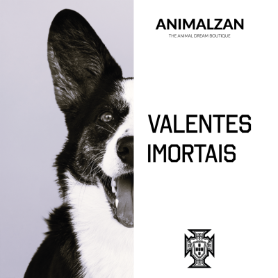 Metade da cabeça de um cão e texto ANIMALZAN THE ANIMAL DREAM BOUTIQUE VALENTES IMORTAIS com logo