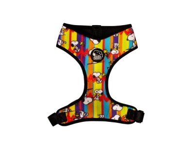Peitoral para cão colorido com estampado de cães e listras verticais