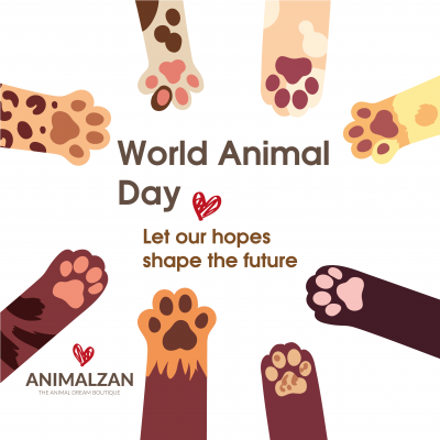 Patas de animais coloridas em círculo com texto 'World Animal Day'