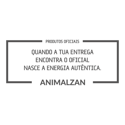 Texto com marca Animalzan e mensagem sobre produtos oficiais e energia autêntica