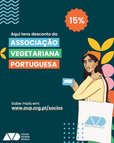 Promoção desconto da Associação Vegetariana Portuguesa 15% com personagem feminina e logotipo AVP