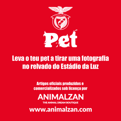 Fundo vermelho com logótipo Benfica Pet com texto a promover fotografias no estádio com os pets