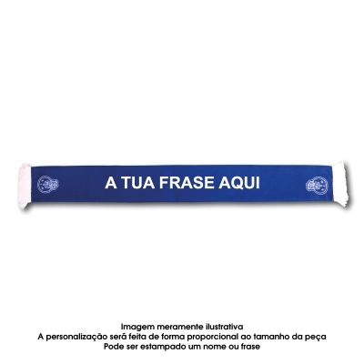 Cachecol azul com texto branco 'A TUA FRASE AQUI' e franjas brancas