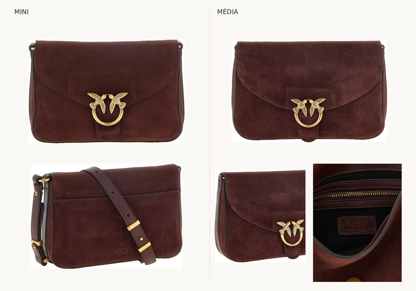 PINKO Love Satchel i Bordeauxfarvet Ruskind – Medium Duas carteiras castanhas de camurça com fecho dourado e alças ajustáveis.