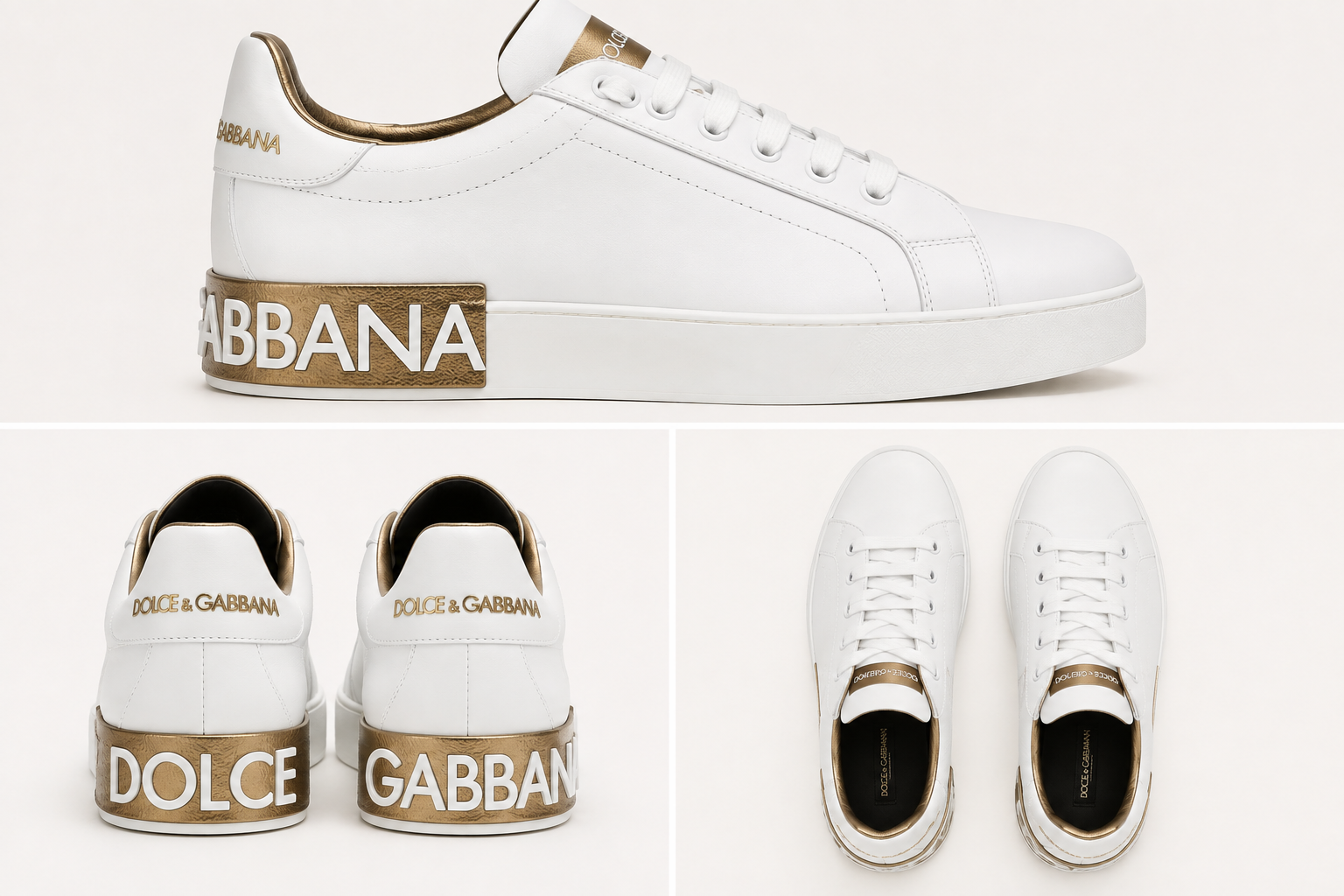 Dolce & Gabbana Portofino Sneakers i Kalveskind – Guld White Dolce & Gabbana sneakers with gold heel panels and branding from multiple angles