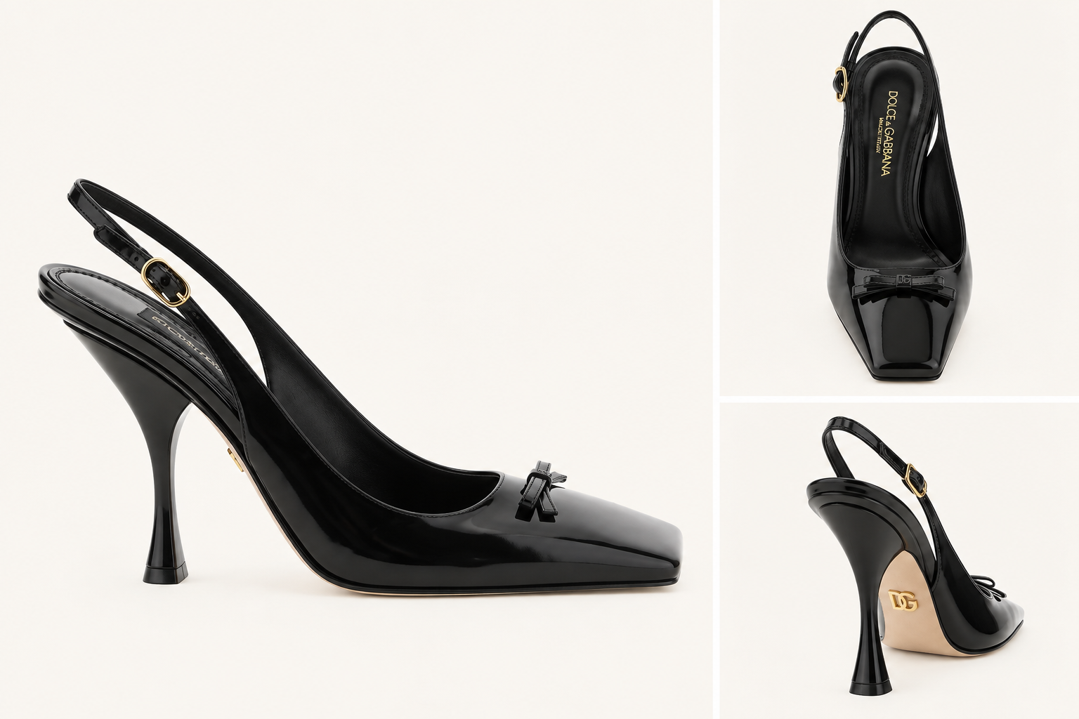 Dolce & Gabbana Slingback-pumps i Kalveskind – Sort Black patent leather high-heeled slingback shoe with bow and gold DG logo on sole