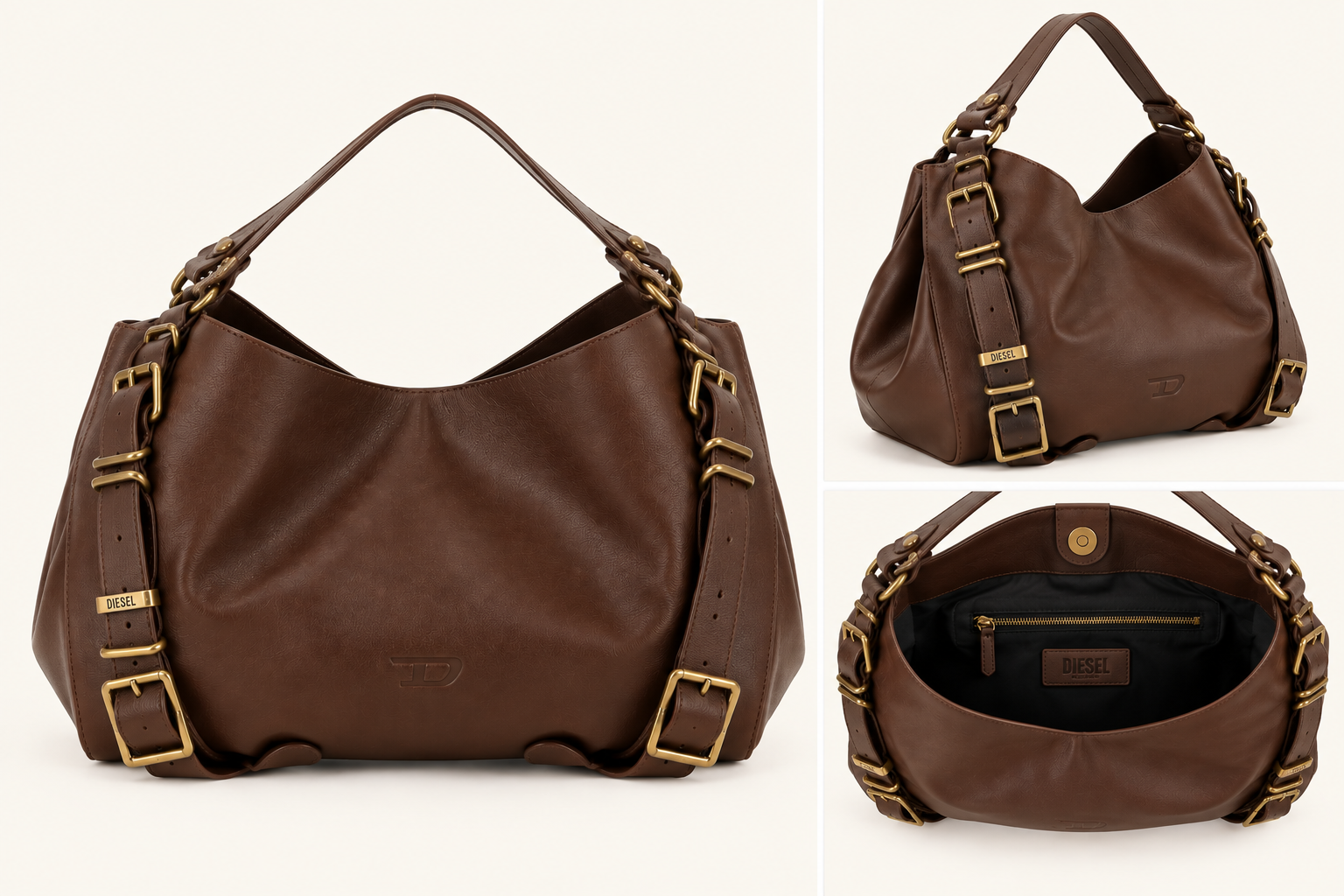 Diesel D-One mellemstor hobo-taske i brunt koskind Mala de ombro de couro castanho escuro com fivelas douradas e bolso interior