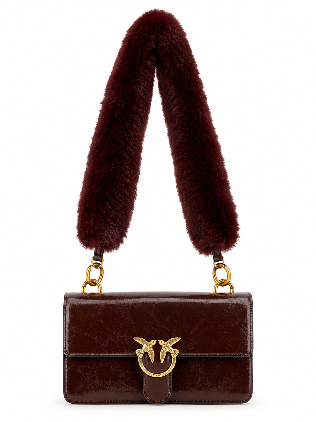 PINKO Love One Mini Skuldertaske i Bordeaux Kalveskind med Eco-Fur Håndtag Mala de senhora de pele castanha com alça de pelo castanho-avermelhado