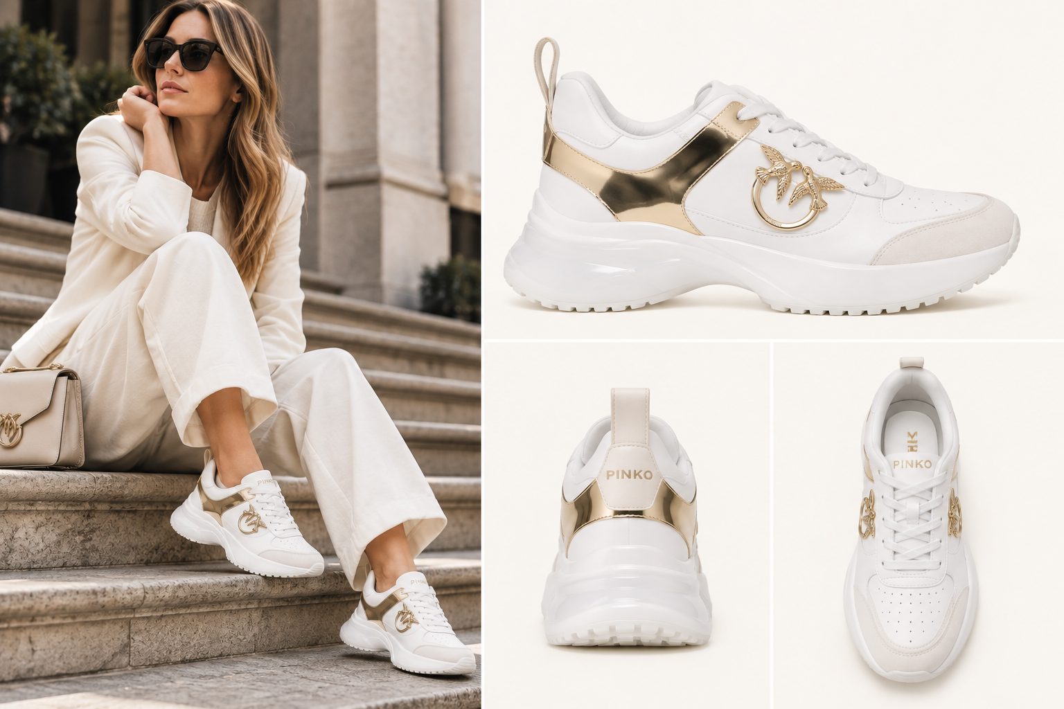 Pinko ARIEL 02 Sneakers i Læder – Hvid Ténis brancos com detalhes dourados e adorno de pássaros, marca PINKO visível