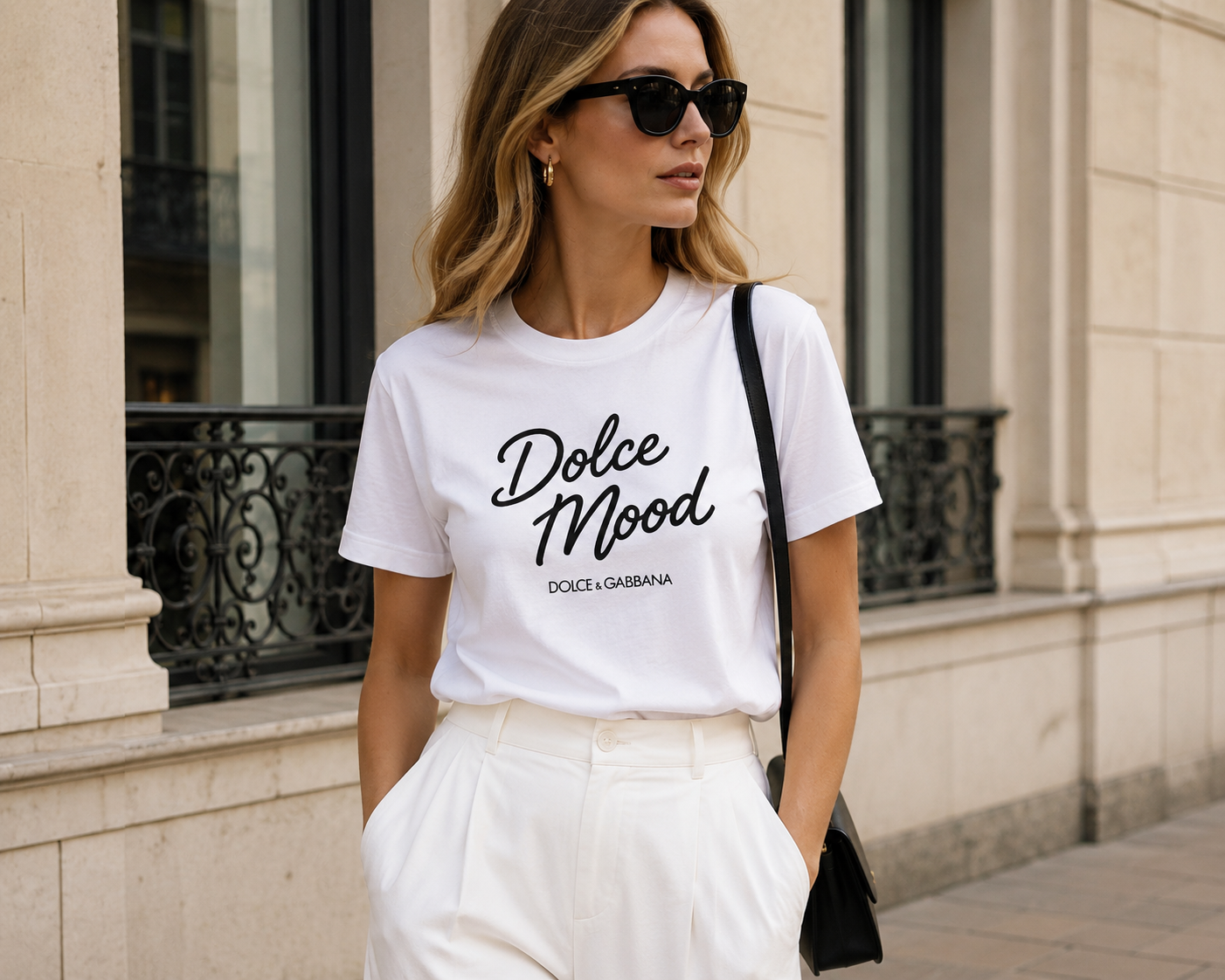 Dolce & Gabbana Dolce Mood T-shirt i Bomuld – Hvid Woman wearing white Dolce Mood T-shirt with white pants and black sunglasses outdoors.