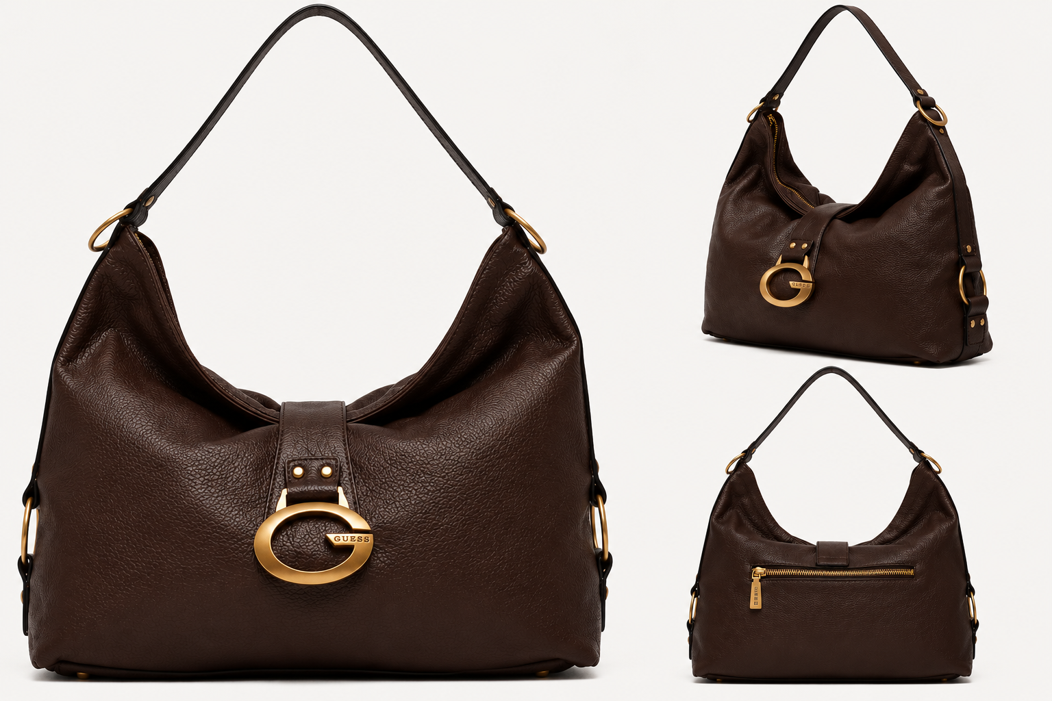 Guess Decor Vintage Håndtaske – Brun Dark brown leather GUESS hobo bag with gold G emblem and zippered back pocket