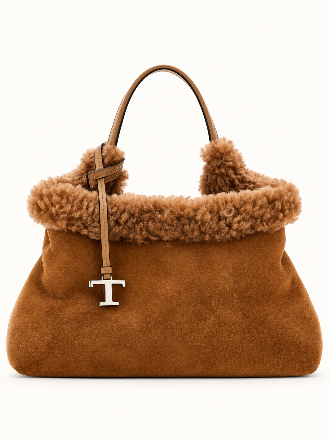 Tod's Brun Merino Uld Håndtaske med Læderhåndtag Mala castanha em camurça com alça em couro castanho e detalhe metálico T