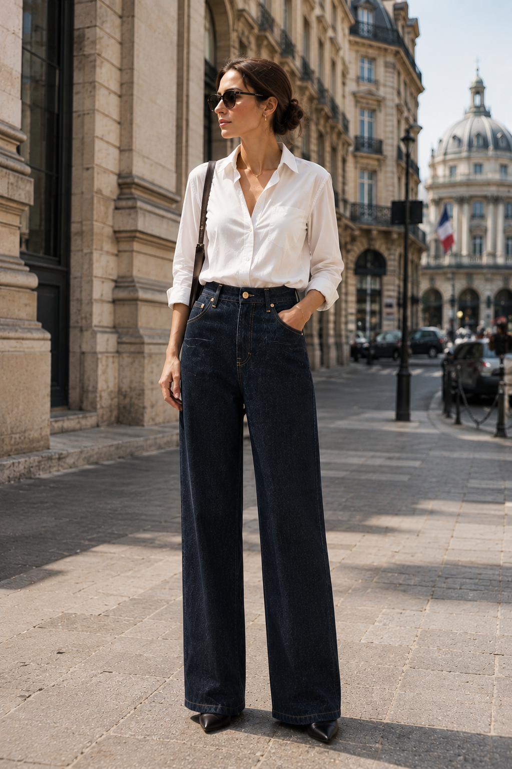 Fabiana Filippi Barrel Jeans i Bomuld – Blå Woman wearing white shirt, dark wide-leg jeans, sunglasses, and black shoes on city sidewalk