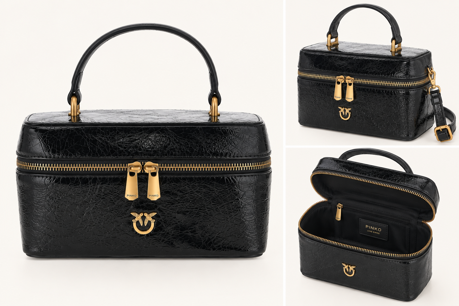 PINKO Vanity Soft Crossbody-taske i Kalveskind – Sort Black textured leather handbag with gold zippers and logo, shown closed and open with internal pocket
