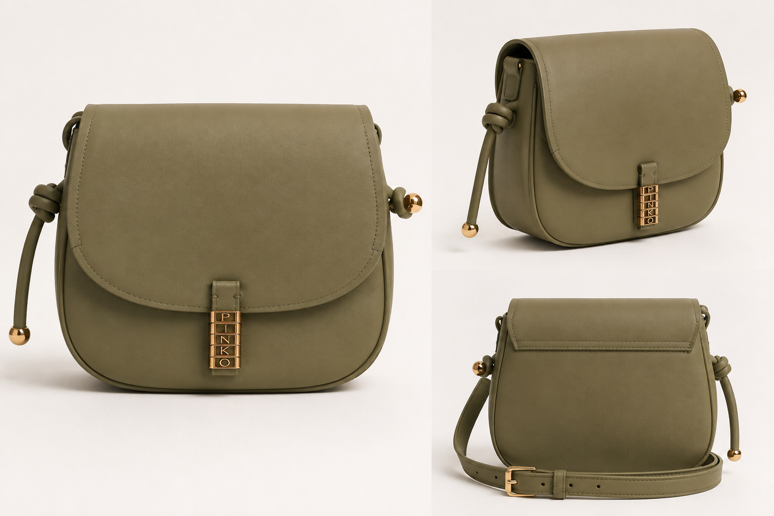 PINKO Classic Saddle Skuldertaske i Læder – Grøn Olive green leather shoulder bag with gold clasp and adjustable strap displayed from multiple angles