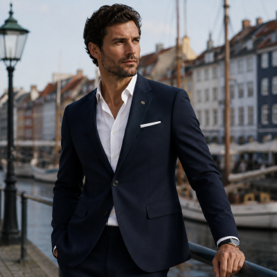 Homem com fato azul-escuro e camisa branca junto a canal com barcos e edifícios coloridos