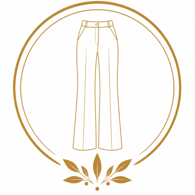 Line art illustration of pants with button and pockets inside a circular border with leaves