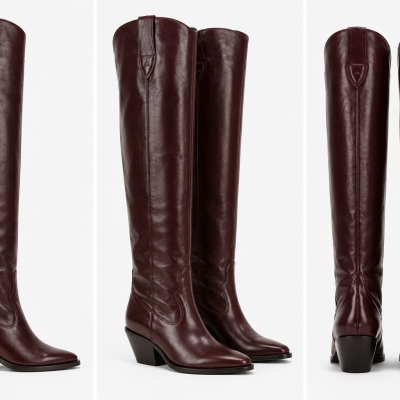 Tall dark brown leather cowboy boots with mid-height heel