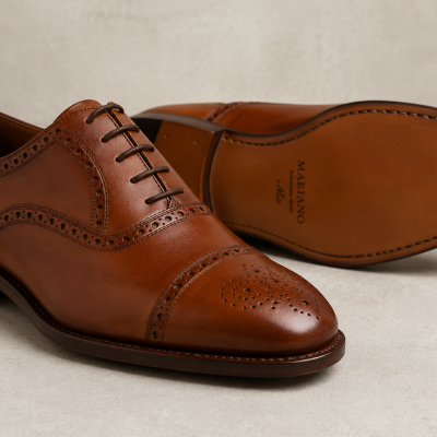 Sapatos de couro castanho com padrão brogue e sola em couro com texto