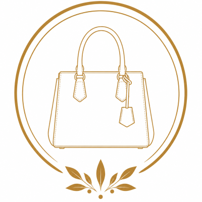 Line drawing of a handbag with handles and a tag inside a circular frame with leaf decoration