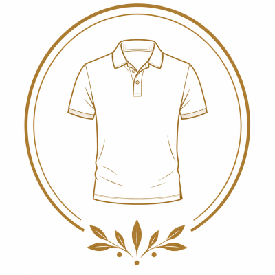Line drawing of a short-sleeve polo shirt in brown inside a circular frame with decorative leaves
