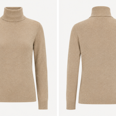Beige speckled knit turtleneck sweater front and back views
