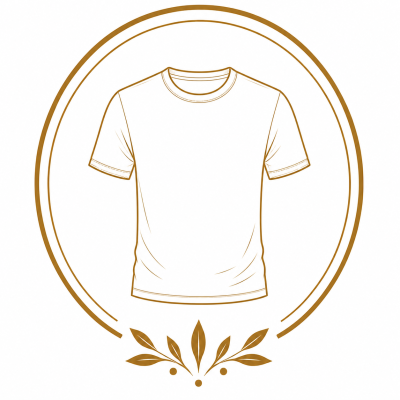 Line drawing of plain white T-shirt with brown circular frame and leaf decoration