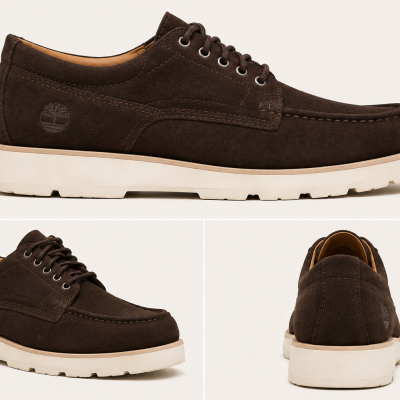 Mens dark brown suede lace-up shoe with white sole and Timberland logo
