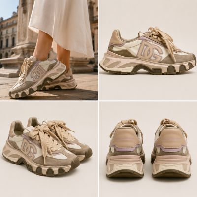 Beige and taupe Dolce & Gabbana chunky sneakers with DG logo and textured soles.
