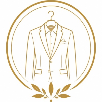 Line drawing of a mens suit jacket and shirt on a hanger inside a gold circle frame with leaves