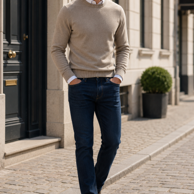 Homem com camisola bege, camisa branca, jeans azul e sapatos castanhos numa rua de pedra