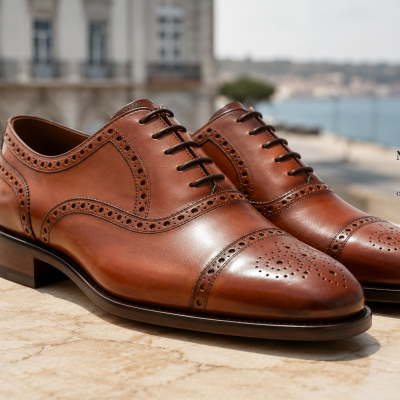 Sapatos de couro castanho com perfurações decorativas em superfície de pedra e texto de marca ao fundo