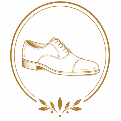 Illustration of a classic mens white dress shoe with laces and cap toe inside a circular border with decorative leaves.