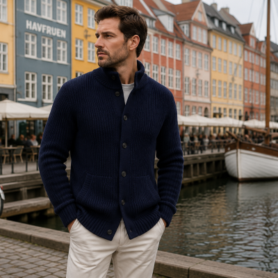 Homem com cardigã azul escuro de malha japonesa perto de canal com barco e edifícios coloridos