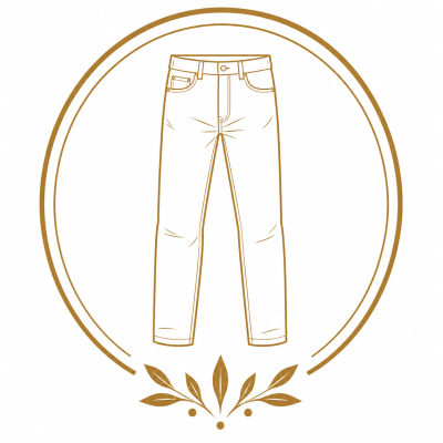 Outline drawing of jeans in brown with decorative circle and leaves