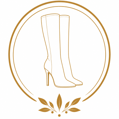 Line drawing of high-heeled knee-high boots in circular frame with decorative leaves
