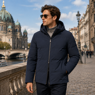 Man wearing navy padded jacket with hood and sunglasses on a cobblestone street by a river and historic buildings