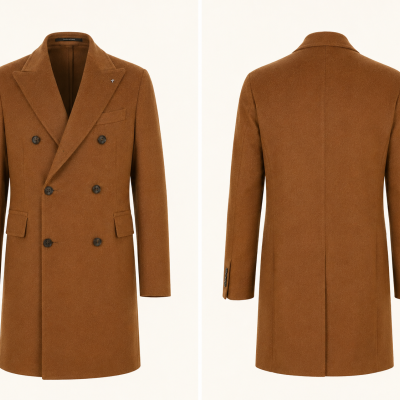 Camel brown double-breasted mens wool overcoat front and back view