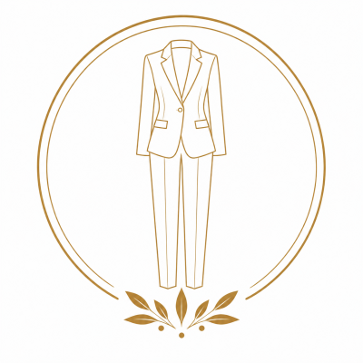 Line drawing of a womens suit inside a golden circular frame with leaves