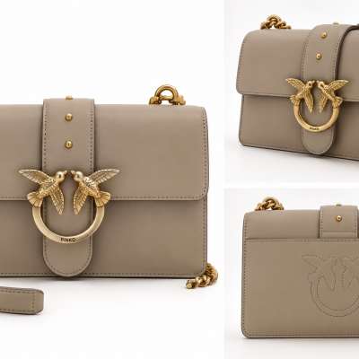 Taupe leather Pinko handbag with gold bird clasp and chain strap
